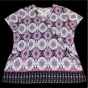 VLife Pink Purple Black Geometric Floral Flower Whimsical Scrub Shirt Top Large
